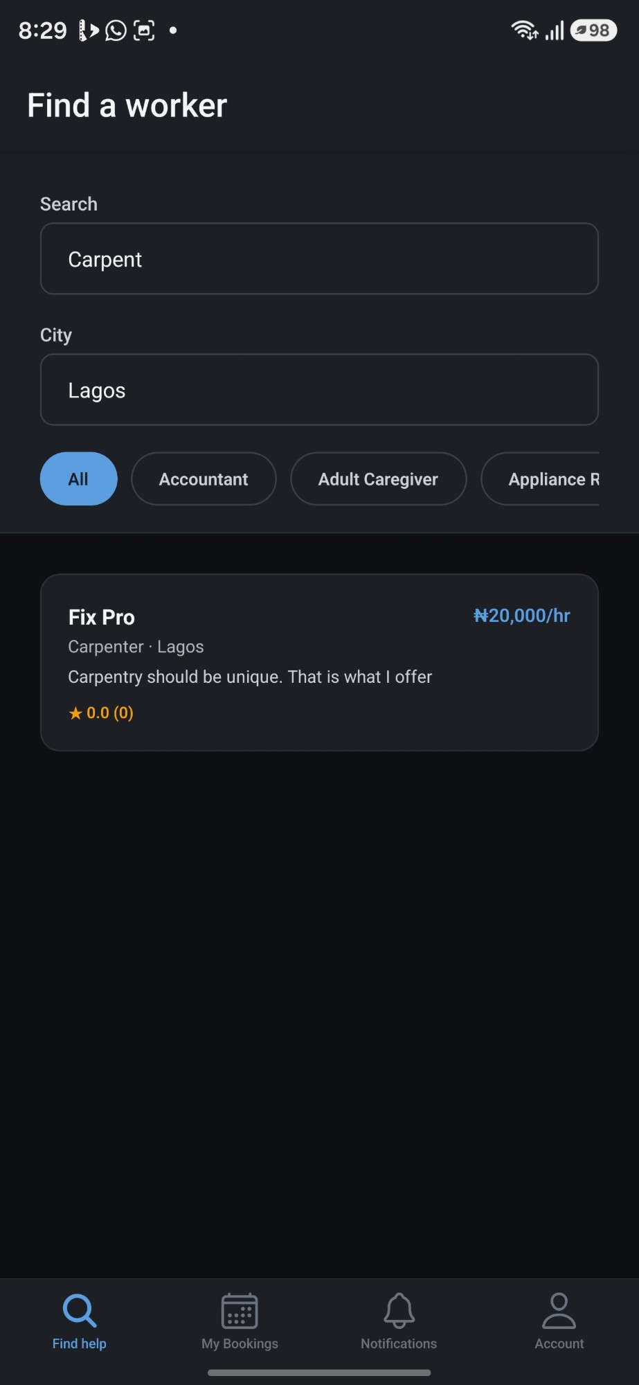 Searching for a skilled worker by trade and city in the FixPro app